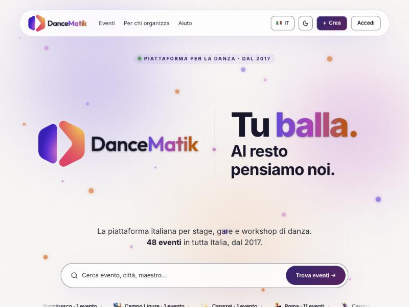 Home page di Dancematik.it: “Tu balla. Al resto pensiamo noi.”