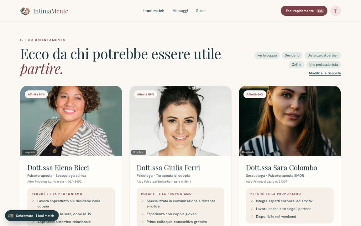 Prototipo IntimaMente: la pagina con i professionisti proposti all’utente