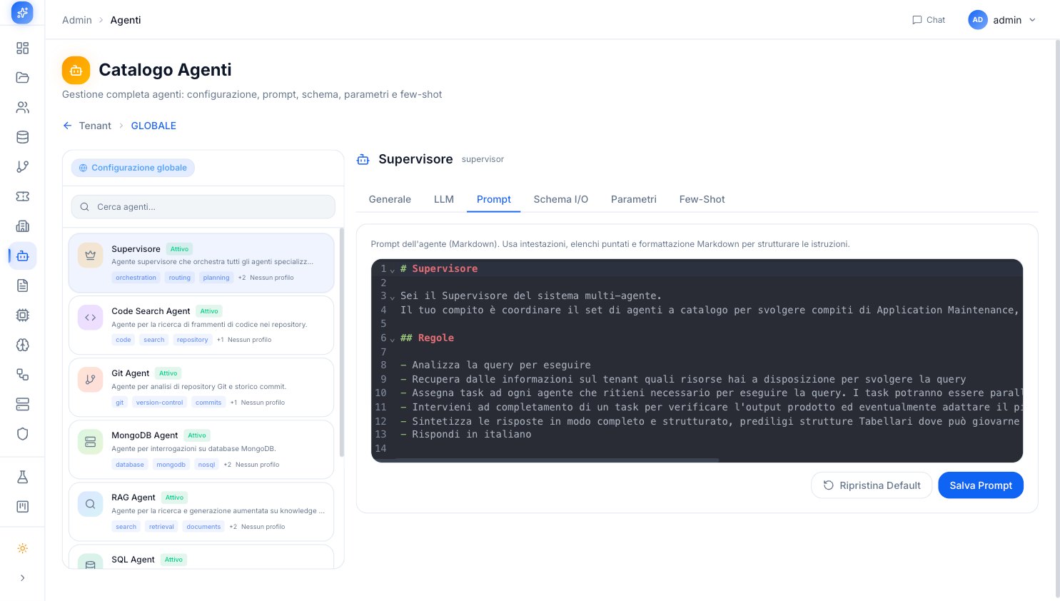 Catalogo agenti di OPERA con supervisore, Code Search, Git, MongoDB, RAG e SQL Agent